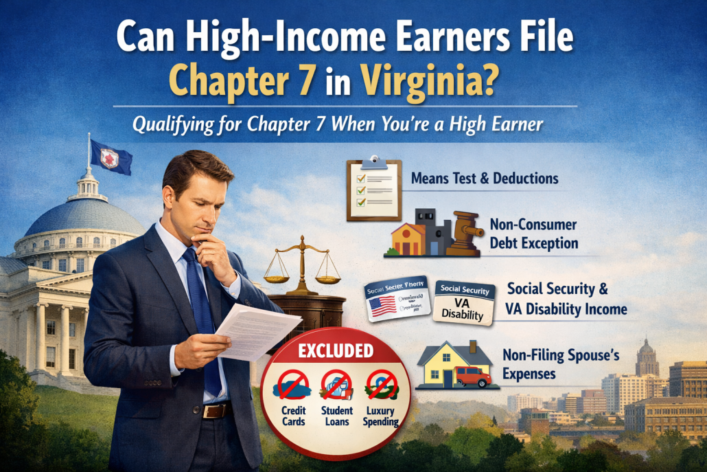 Can high-income earners file Chapter 7 bankruptcy in Virginia, showing a professional reviewing financial documents with icons for the Means Test, non-consumer debt exception, Social Security and VA disability income exclusions, and non-filing spouse expenses.