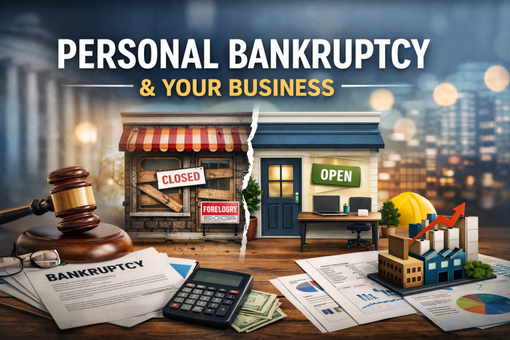 Split image showing impact of personal bankruptcy on a business, with a closed storefront and legal documents on one side and an operating small business with financial charts on the other.