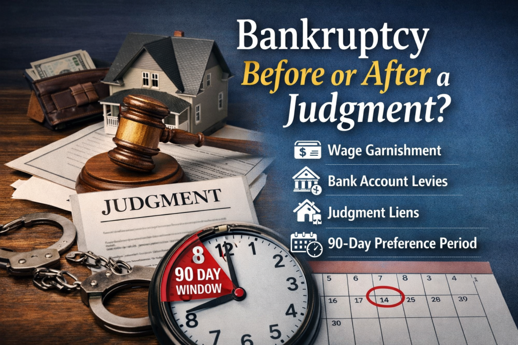 Gavel, judgment paperwork, house model, and clock showing a 90-day window beside text reading “Bankruptcy Before or After a Judgment?” highlighting wage garnishment, bank levies, and judgment liens.