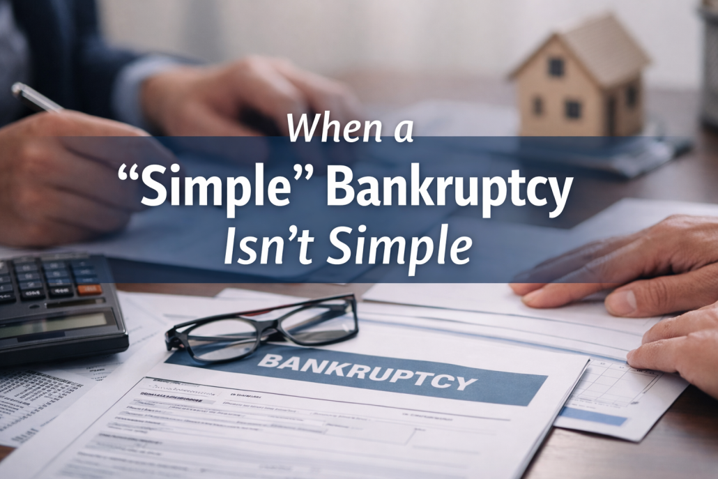 Desk with bankruptcy paperwork and financial documents illustrating how a bankruptcy case that appears simple can involve complex legal and financial analysis. There is no such thing as a simple bankruptcy case.