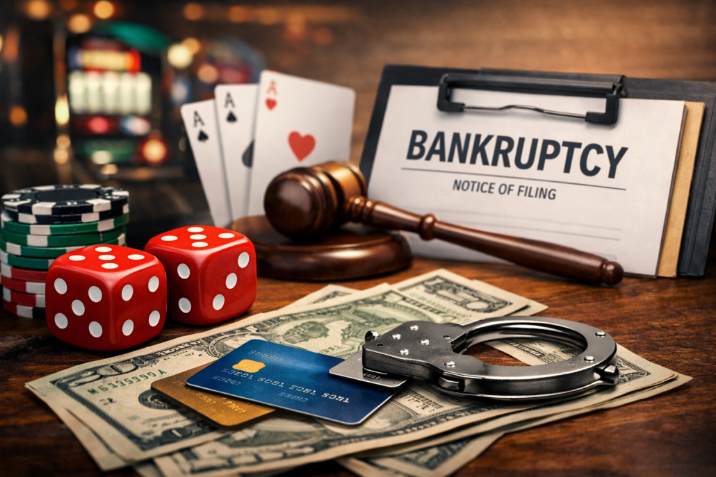 Casino dice, poker chips, and credit cards next to a bankruptcy notice and gavel representing gambling debt in bankruptcy