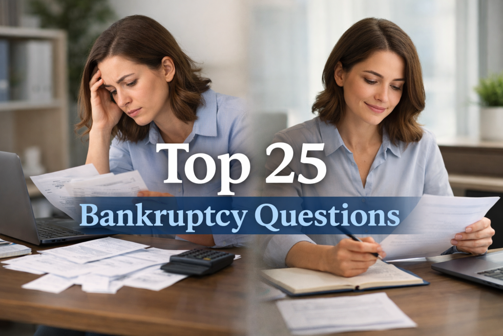 Person reviewing bills and financial documents before and after bankruptcy, showing stress turning into financial clarity. The person is contemplating the common bankruptcy questions.