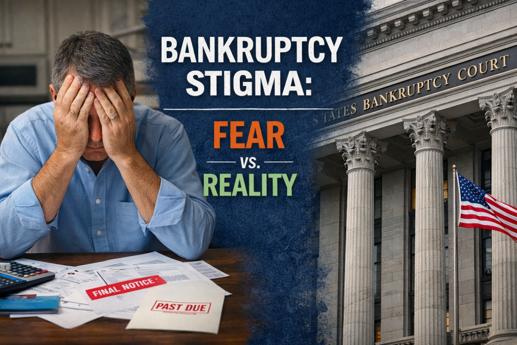 Man sitting at a table covered in past-due bills with his head in his hands next to an image of the U.S. Bankruptcy Court building labeled “Bankruptcy Stigma: Fear vs. Reality.”