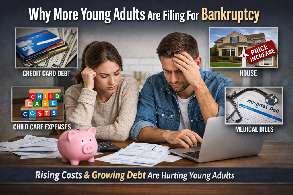 Young couple sitting at a table reviewing bills and a laptop while facing financial stress tied to credit card debt, rising housing costs, childcare expenses, and medical bills. These young adults are filing bankruptcy to manage their growing debt levels.