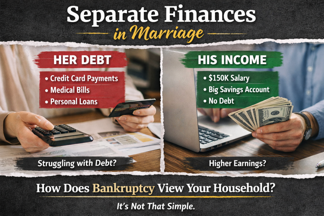 Managing separate married finances, showing one spouse handling debt and the other with higher income, illustrating how bankruptcy evaluates household finances.