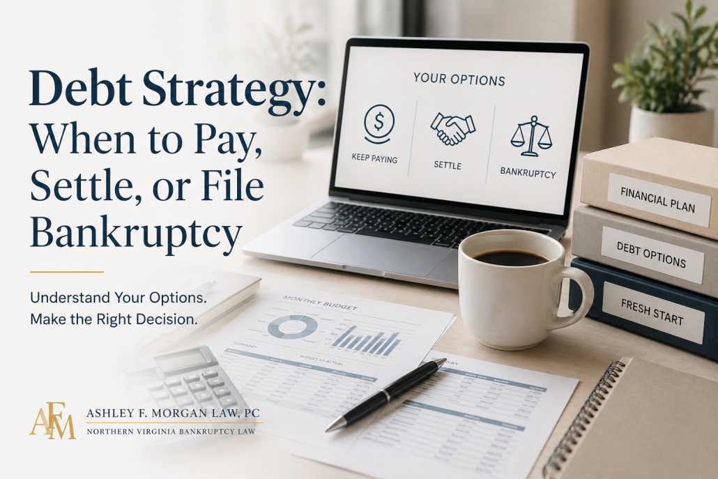 Modern office workspace with laptop displaying debt strategy options, financial documents, and calculator, representing decisions between paying debt, settling, or filing bankruptcy. The text overlay states: Debt Strategy: When to Pay, Settle, or File Bankruptcy