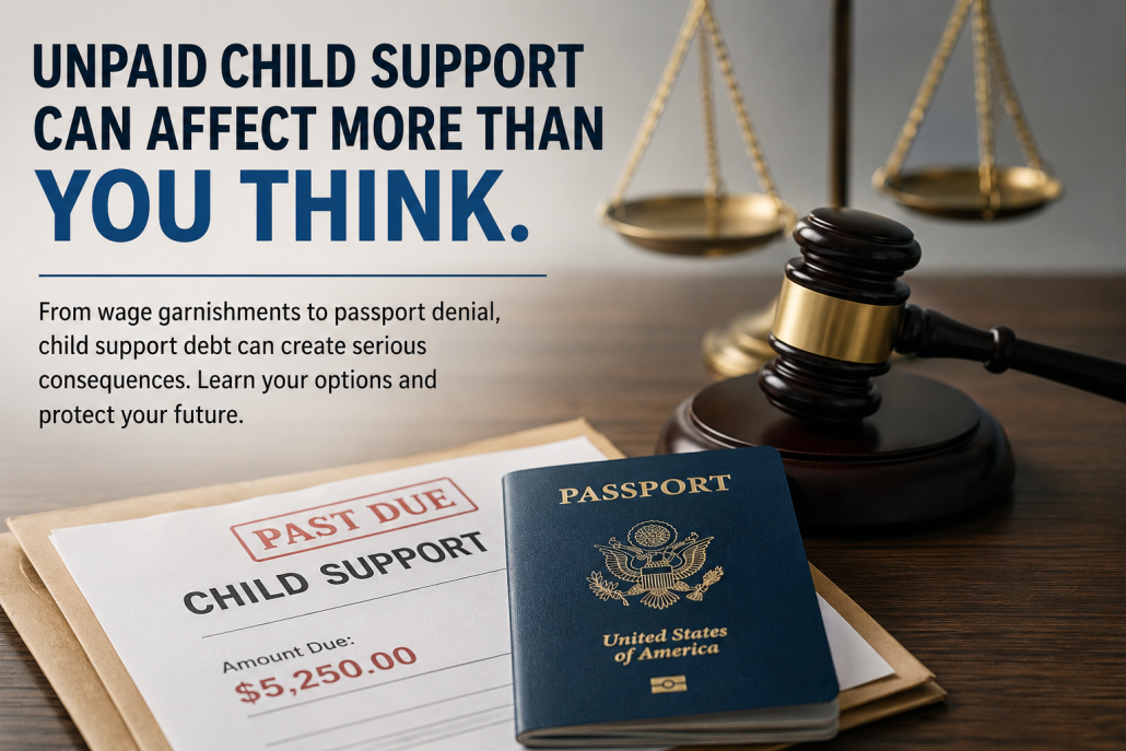 Graphic showing a U.S. passport resting on top of a past-due child support notice beside a judge’s gavel and scales of justice. Text overlay reads: “Unpaid Child Support Can Affect More Than You Think.”