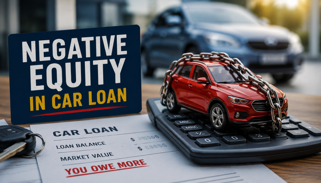 Horizontal blog image showing a red SUV wrapped in heavy chains sitting on top of a calculator beside vehicle loan paperwork. A bold sign reads “Negative Equity in Car Loan,” symbolizing being trapped in an underwater auto loan.