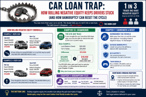 Infographic explaining how rolling negative equity into new car loans traps drivers in long-term debt. The graphic shows examples of underwater car loans being rolled into both new and used vehicles, explains Chapter 13 cramdowns and the 910-day rule, discusses Chapter 7 surrender and Section 722 redemption, and highlights how bankruptcy may help Northern Virginia drivers reset unaffordable vehicle debt.