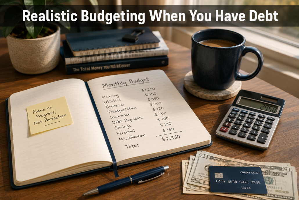 Open notebook displaying a handwritten monthly budget on a warm wood desk beside a calculator, coffee mug, pen, cash, and a credit card. Natural sunlight streams through a nearby window, while the header text reads “Realistic Budgeting When You Have Debt.”