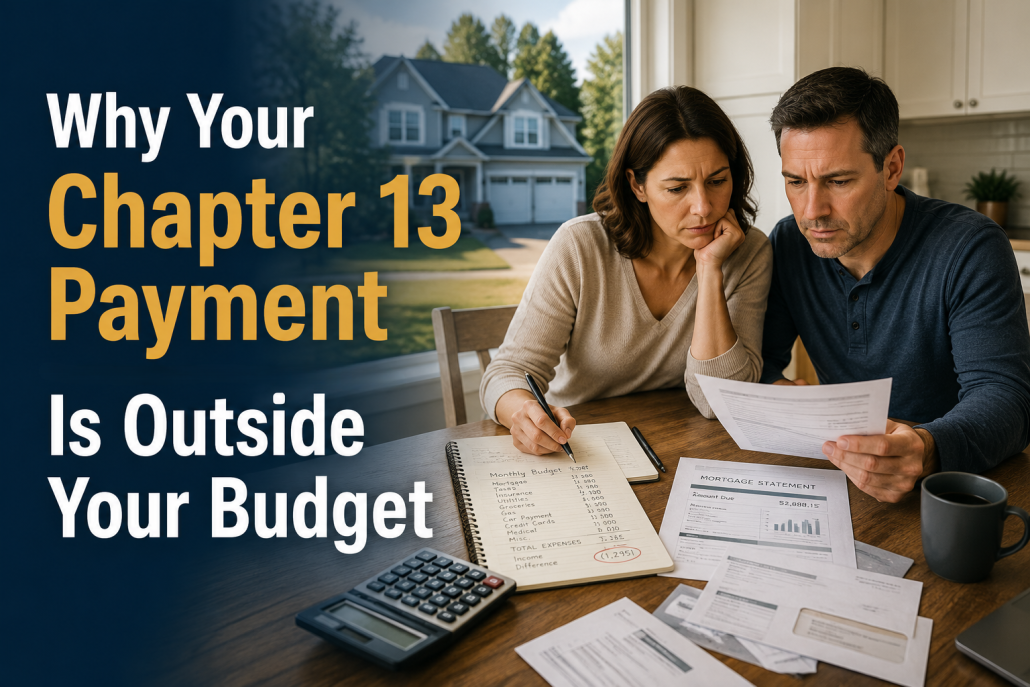 Homeowners reviewing a household budget and mortgage documents at a kitchen table while discussing finances, with a suburban home visible through the window and text overlay reading, "Why Your Chapter 13 Payment Is Outside Your Budget."