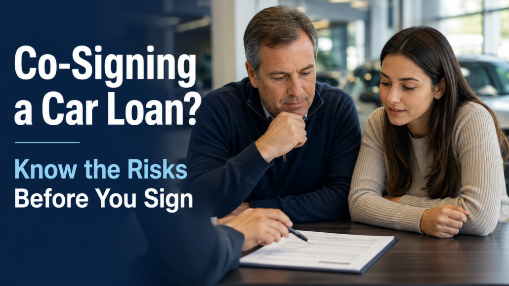 Parent and adult child reviewing auto loan paperwork at a car dealership while discussing the risks of co-signing a car loan.