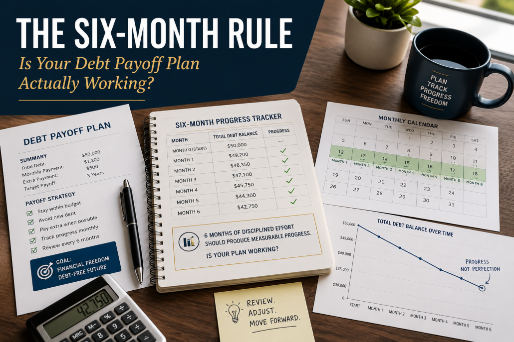 Financial planning desk with six-month debt payoff tracker, calendar, and progress chart illustrating a strategy for evaluating whether a debt repayment plan is working.