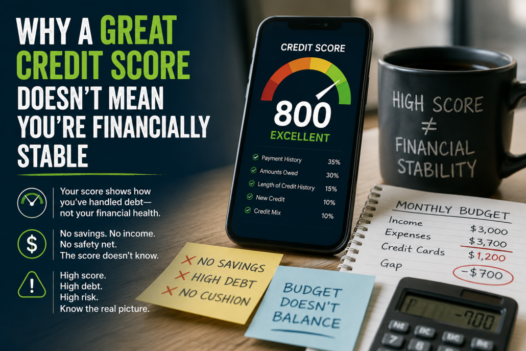 High credit score displayed on a smartphone next to a household budget showing a monthly shortfall, illustrating that a great credit score does not always mean financial stability.