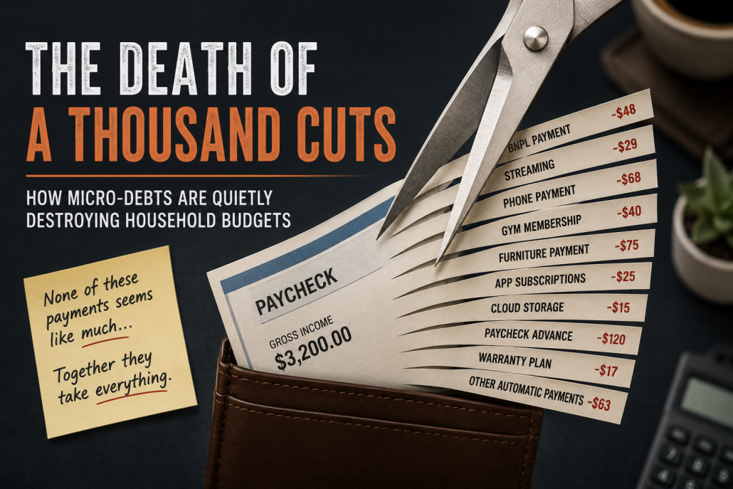 Illustration of a paycheck being cut into multiple small monthly payments, representing Buy Now, Pay Later purchases, subscriptions, paycheck advances, and other micro-debts that quietly strain a household budget.
