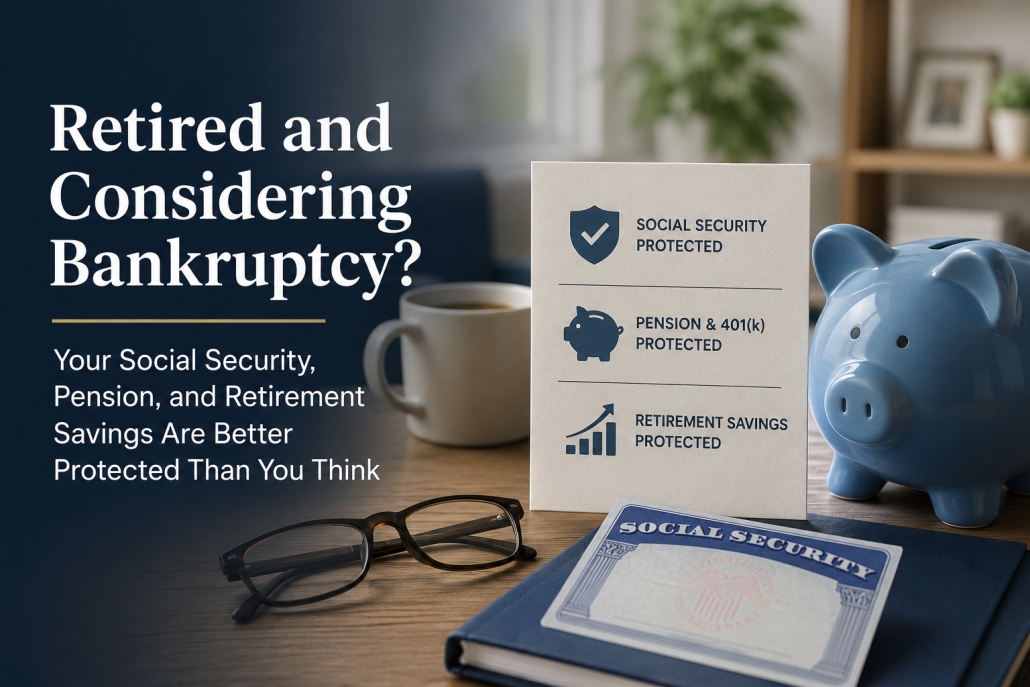 Retirement planning documents, a Social Security card, pension information, and a piggy bank illustrating that Social Security, retirement savings, and pensions are protected in Virginia bankruptcy.