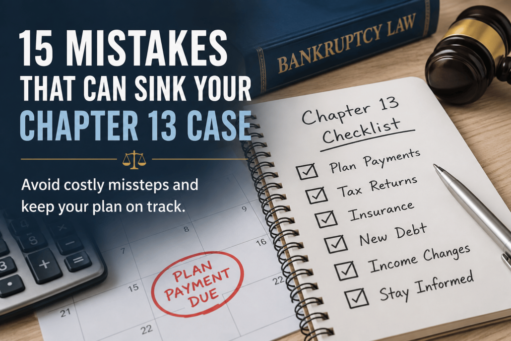Blog header image showing a Chapter 13 bankruptcy checklist on a notebook next to a calendar marked "Plan Payment Due," a calculator, a bankruptcy law book, and a judge's gavel. A bold title reads, "15 Mistakes That Can Sink Your Chapter 13 Case."