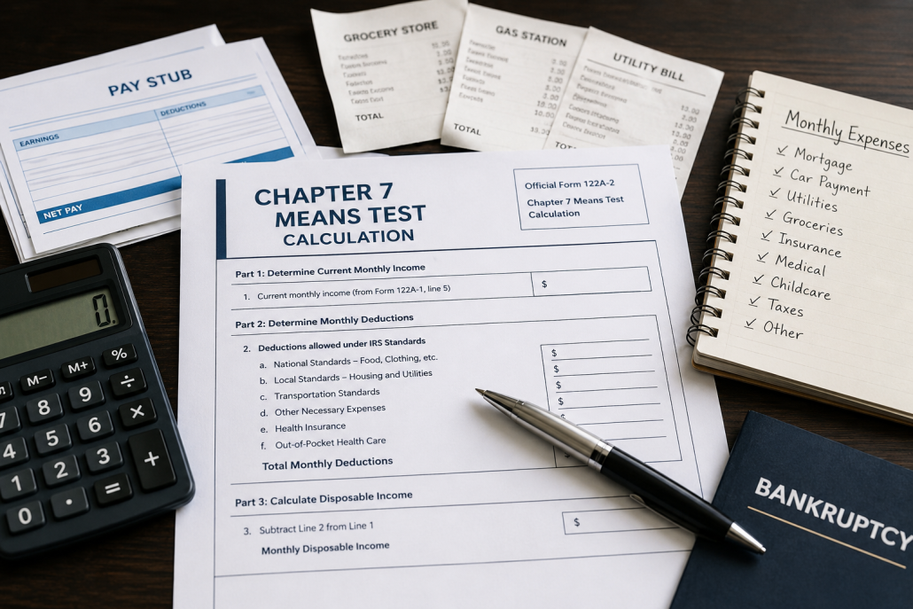 Chapter 7 means test worksheet with pay stubs, receipts, a calculator, and expense documents illustrating how allowable expenses in Chapter 7 bankruptcy affect eligibility.