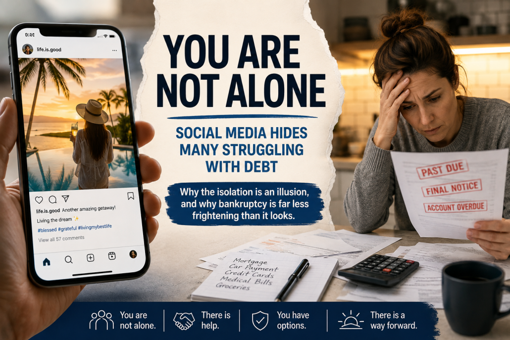 A person looks stressed while reviewing overdue bills and household expenses, contrasted with a smartphone displaying a picture-perfect social media vacation post, illustrating how online appearances can hide financial struggles. The image includes the title: "You Are Not Alone: Social Media Hides Many Struggling With Debt."