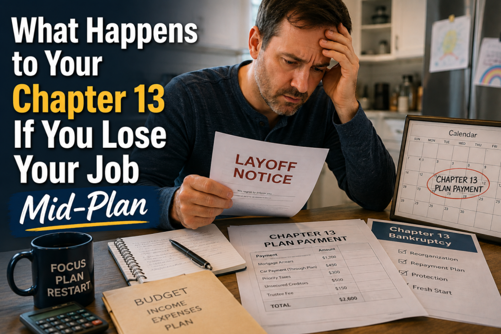 Worried worker holding a layoff notice at a kitchen table with Chapter 13 bankruptcy plan payment paperwork and a calendar, illustrating losing a job during a Chapter 13 plan.