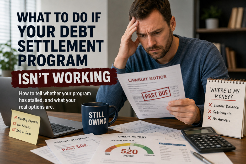 Man reviewing past-due bills and a lawsuit notice after a debt settlement program has stalled, with account statements and a credit report on the desk. He is now reviewing options since his debt settlement program is not working.