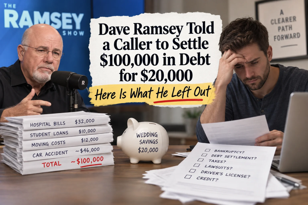 Dave Ramsey discussing debt settlement beside a stressed caller reviewing $100,000 in debt, $20,000 in wedding savings, and bankruptcy options.