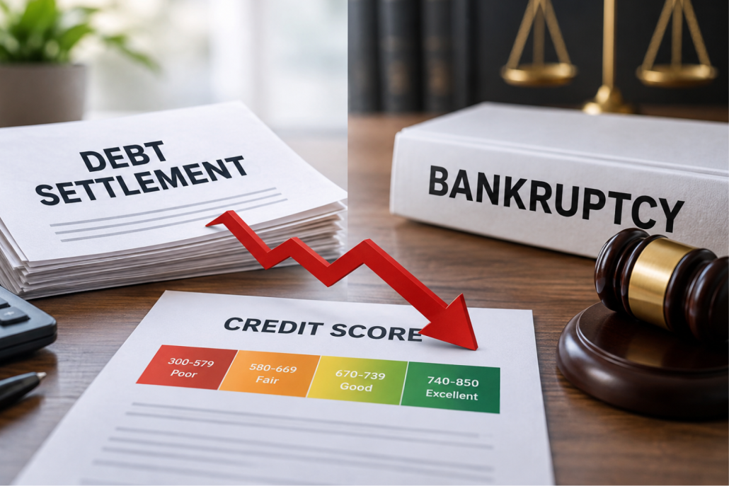 Debt settlement and bankruptcy documents beside a falling credit score graphic, illustrating research showing debt settlement can cause greater credit score declines than bankruptcy.